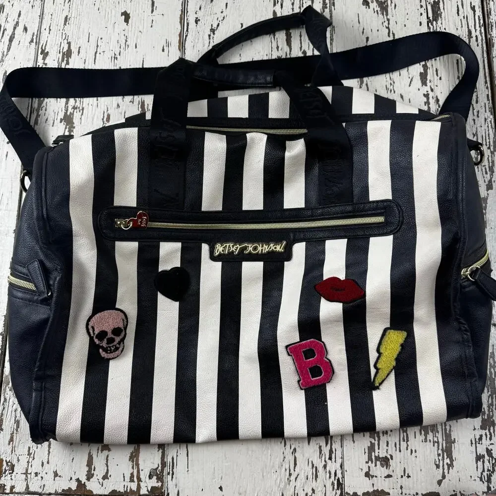 Betsey Johnson Striped Weekender Travel Duffle Bag Black White Floral Interior